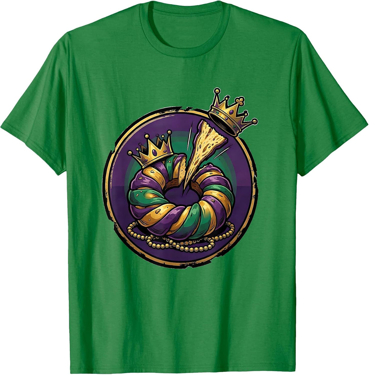 Men's Sealed King-Cake Badge Cartoon Mardi Gras Party Humor T-Shirt - Kelly Green