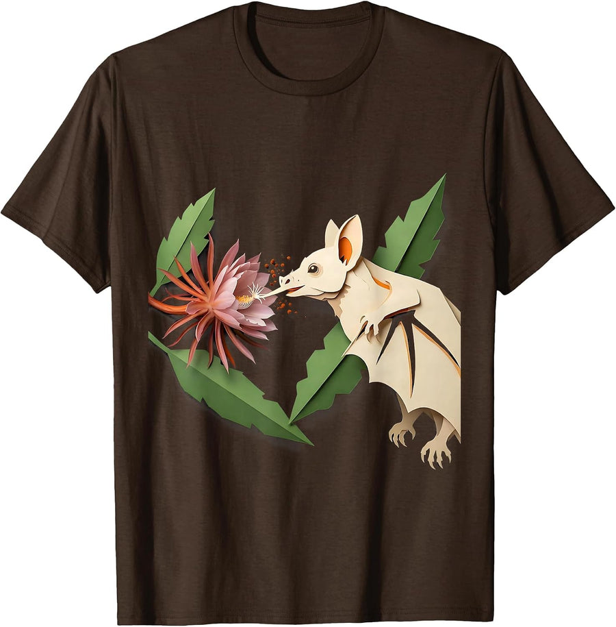 Men's Long-Nosed Nectar Bat Nature Illustration Halloween Bat T-Shirt - Brown