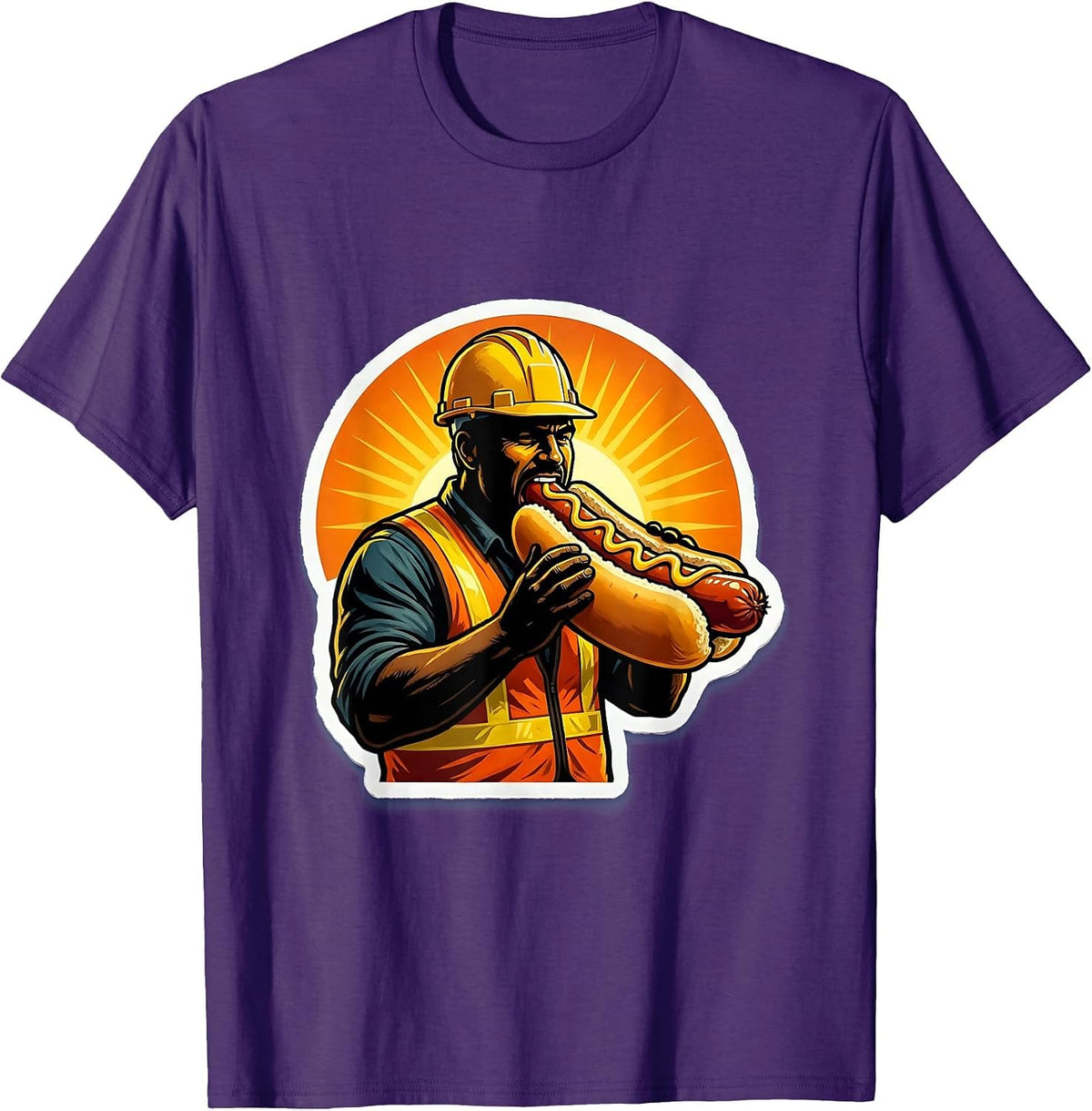 Construction Worker Hot Dog Sunrise Graphic T-Shirt - Purple