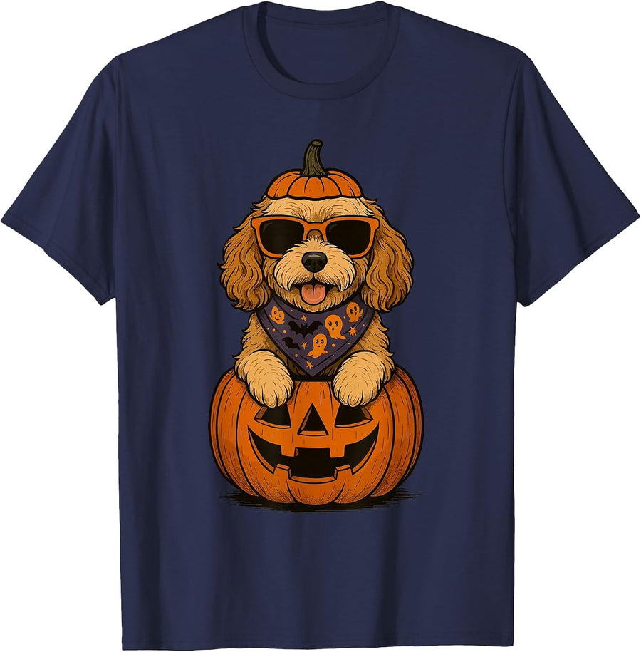 Spooky Cavapoo Pumpkin Halloween Doodle Dog Lover T-Shirt - Navy Blue