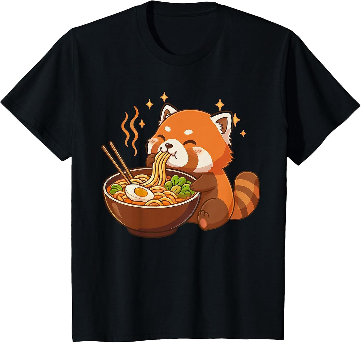 Red Panda Eating Ramen Noodles T-Shirt - Black