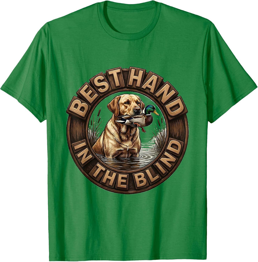 Men's Best Hand In The Blind Wood Type Letterpress Hunting Dog T-Shirt - Kelly Green
