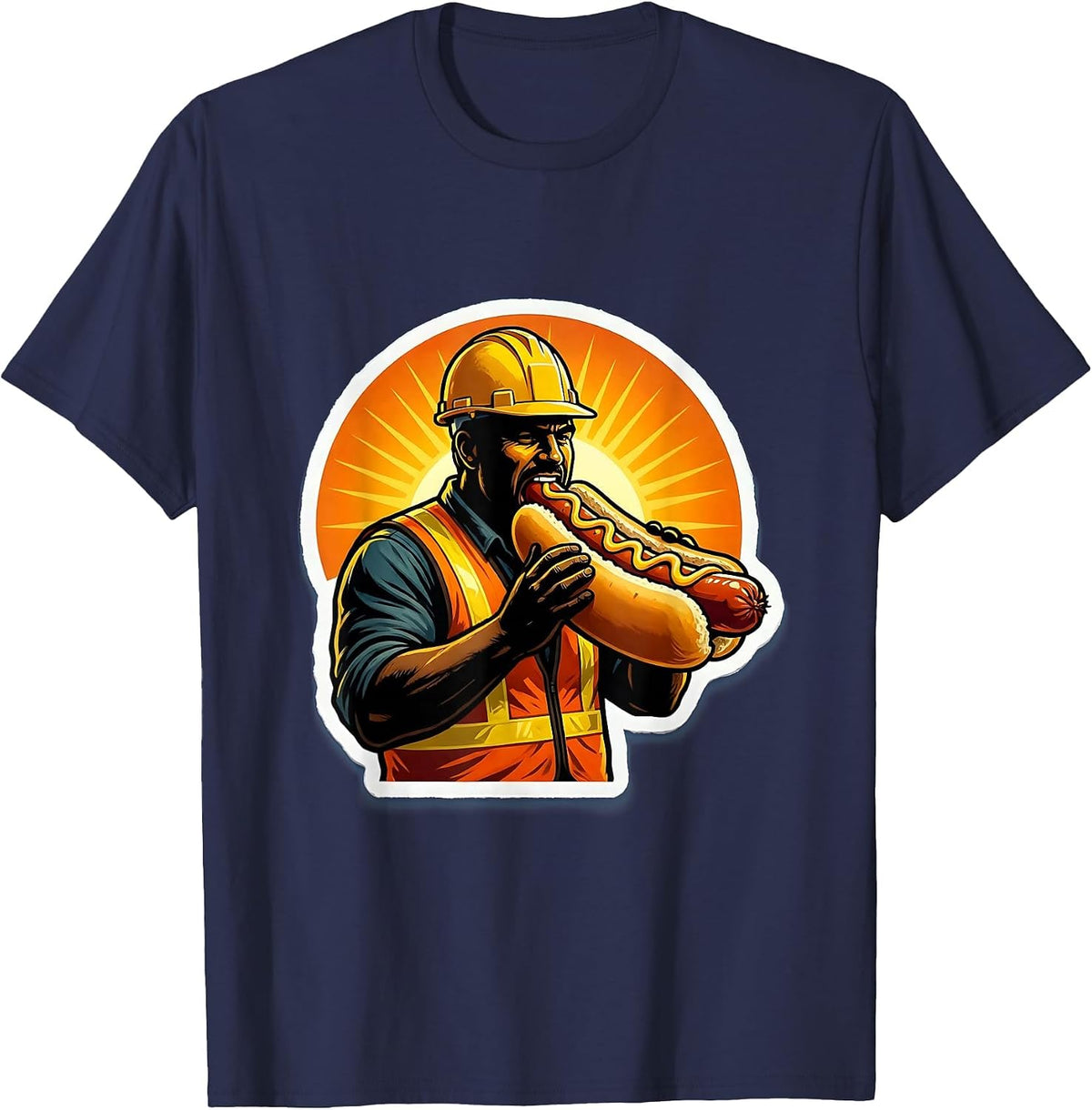 Construction Worker Hot Dog Sunrise Graphic T-Shirt - Navy Blue