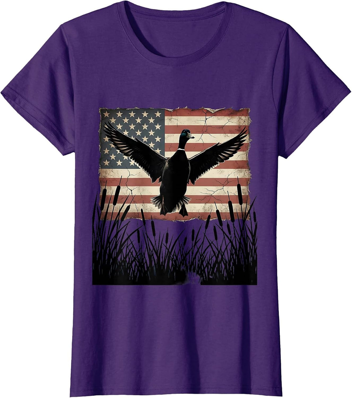 Women's Duck Flying Over Marsh Camo Hunting Design T-Shirt - Purple
