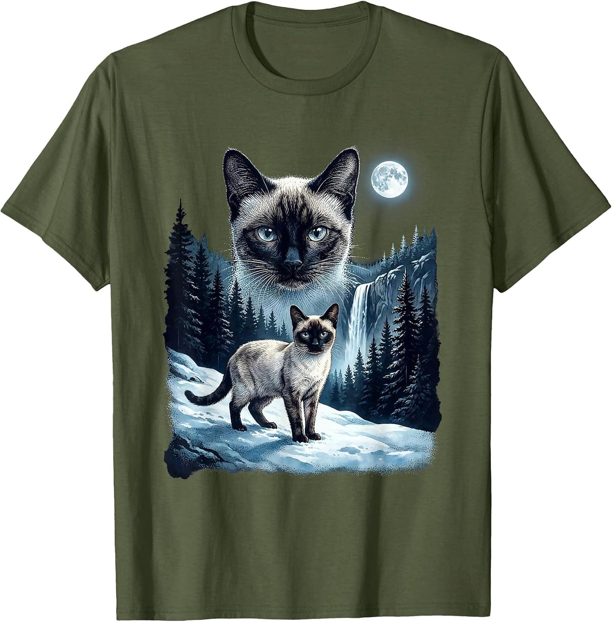 Siamese Cat Moonlit Ridge 90's Retro T-Shirt - Olive Green