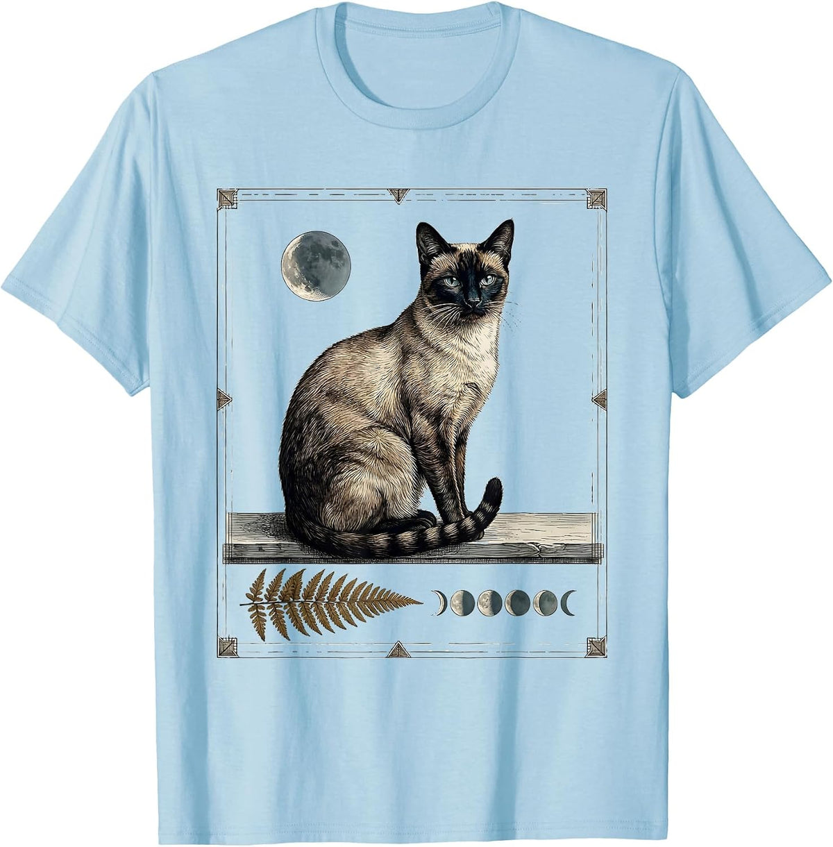 Men's Siamese Cat Moon Gazing 90s Retro Portrait T-Shirt - Baby Blue