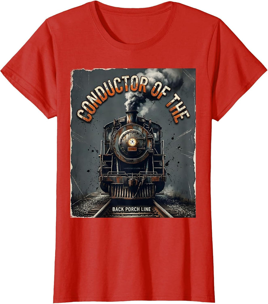Women's Conductor Of The Back Porch Line Distressed Train Hobbyist T-Shirt - Red