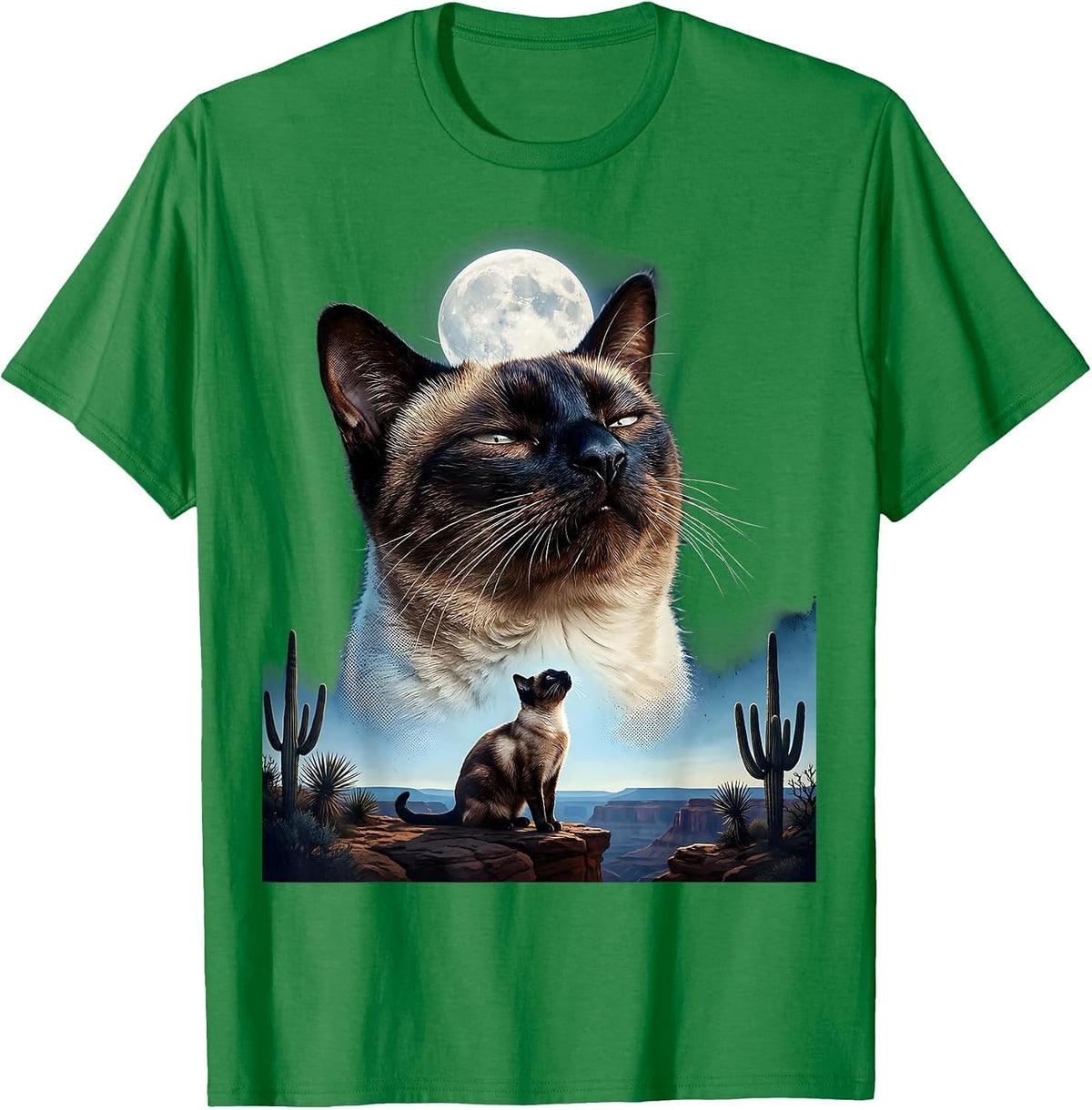 Men's Siamese Cat Howling at Moon 90's Retro T-Shirt - Kelly Green