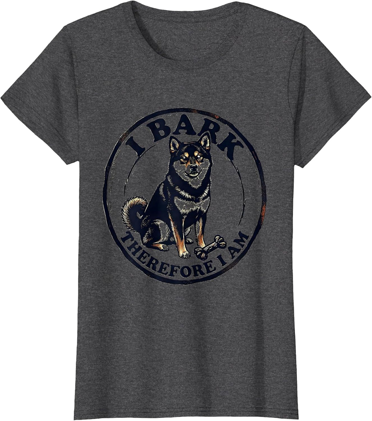 Women's I Bark Therefore I Am Funny Dog Owner Linocut Pet Lover T-Shirt - Dark Heather Grey