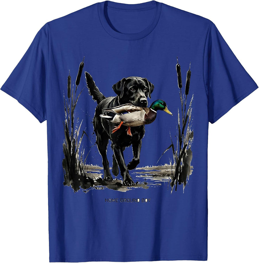 Home Ground Boy Ink Brush Labrador Hunting Dog Marsh Scene T-Shirt - Royal Blue