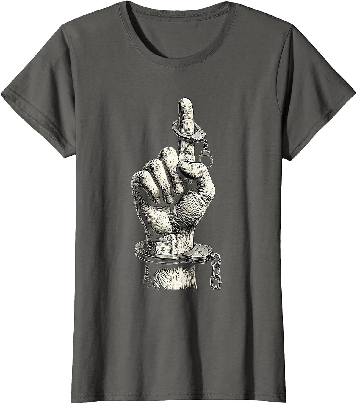 Women's Handcuffs Dangling Finger Law Enforcement Graphic T-Shirt - Asphalt Grey