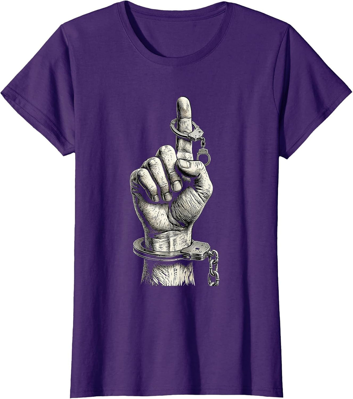 Women's Handcuffs Dangling Finger Law Enforcement Graphic T-Shirt - Purple