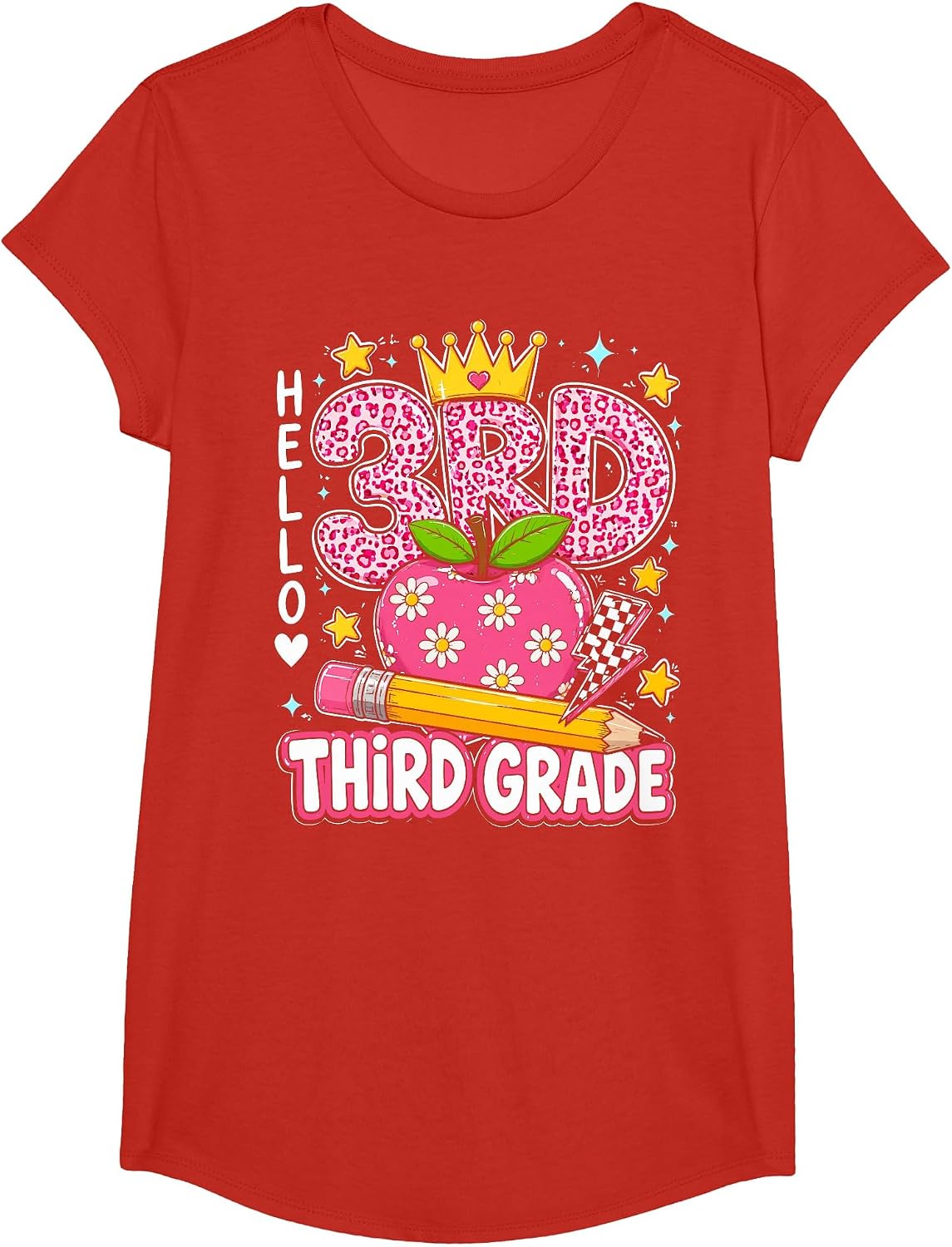 Hello Third Grade Back to School Pink Leopard Teacher Girl T-Shirt - Girls Red