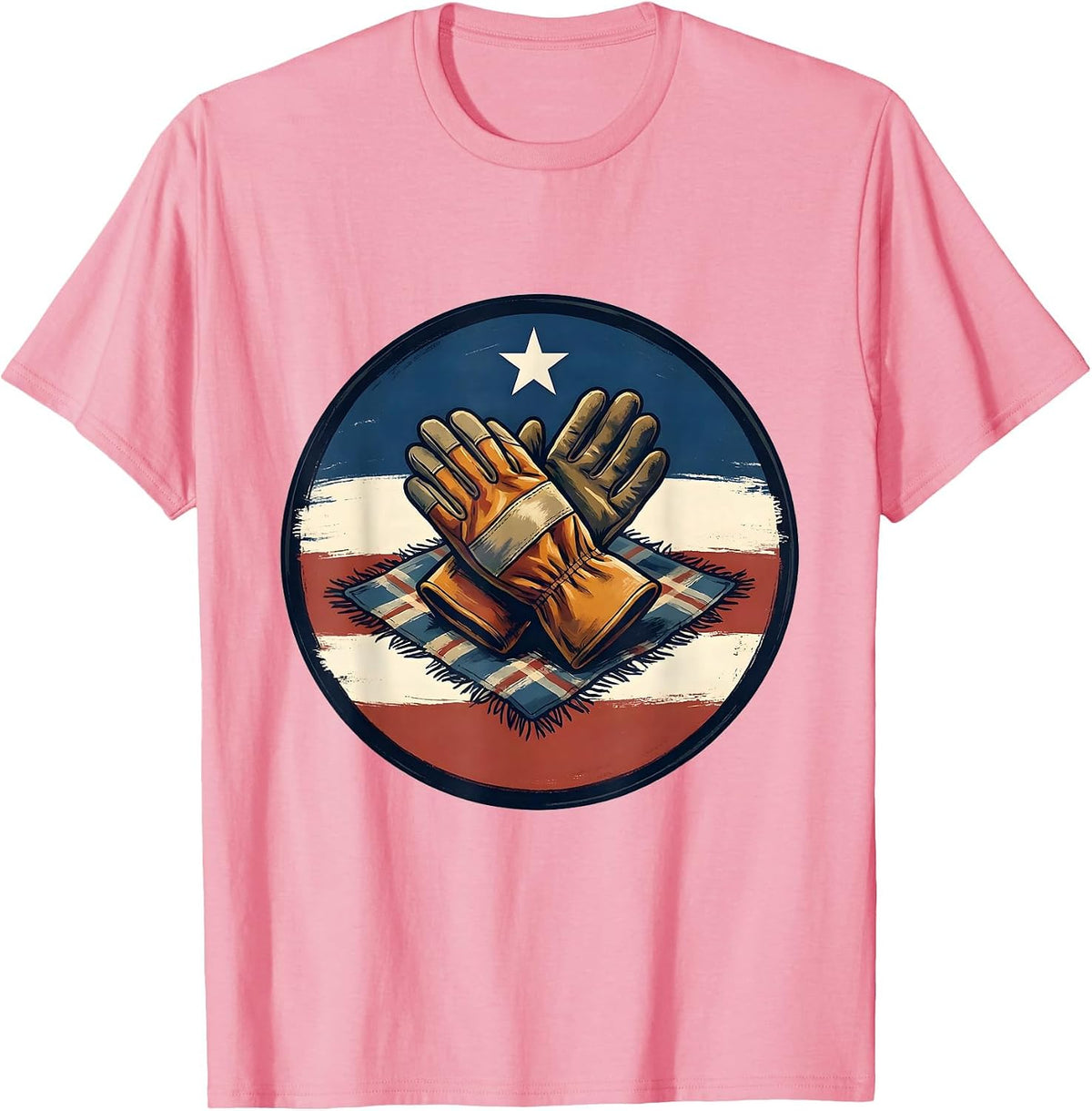 Men's Labor Day Patriotic Crossed Gloves Badge T-Shirt - Pink