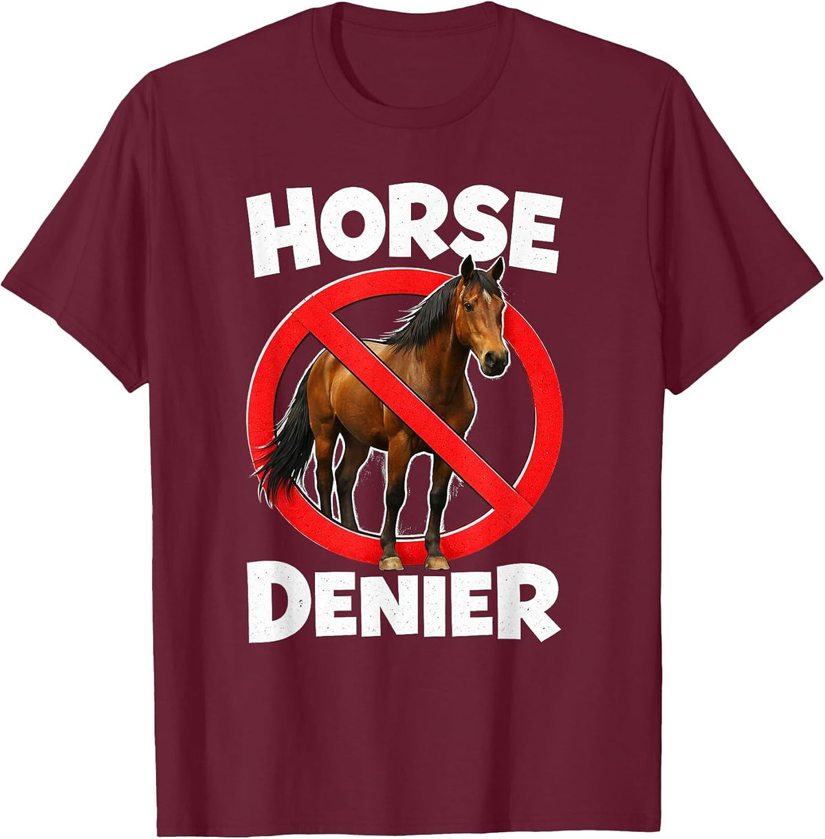 Horse Denier Conspiracy Theory Absurd Stupid Funny Gen Z T-Shirt - Burgundy