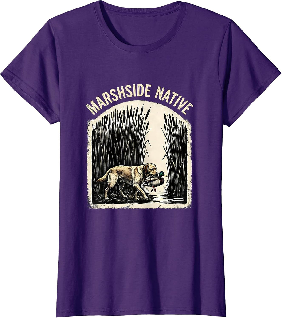 Women's Marshside Native Rubber Stamp Labrador Duck Hunting Southern T-Shirt - Purple