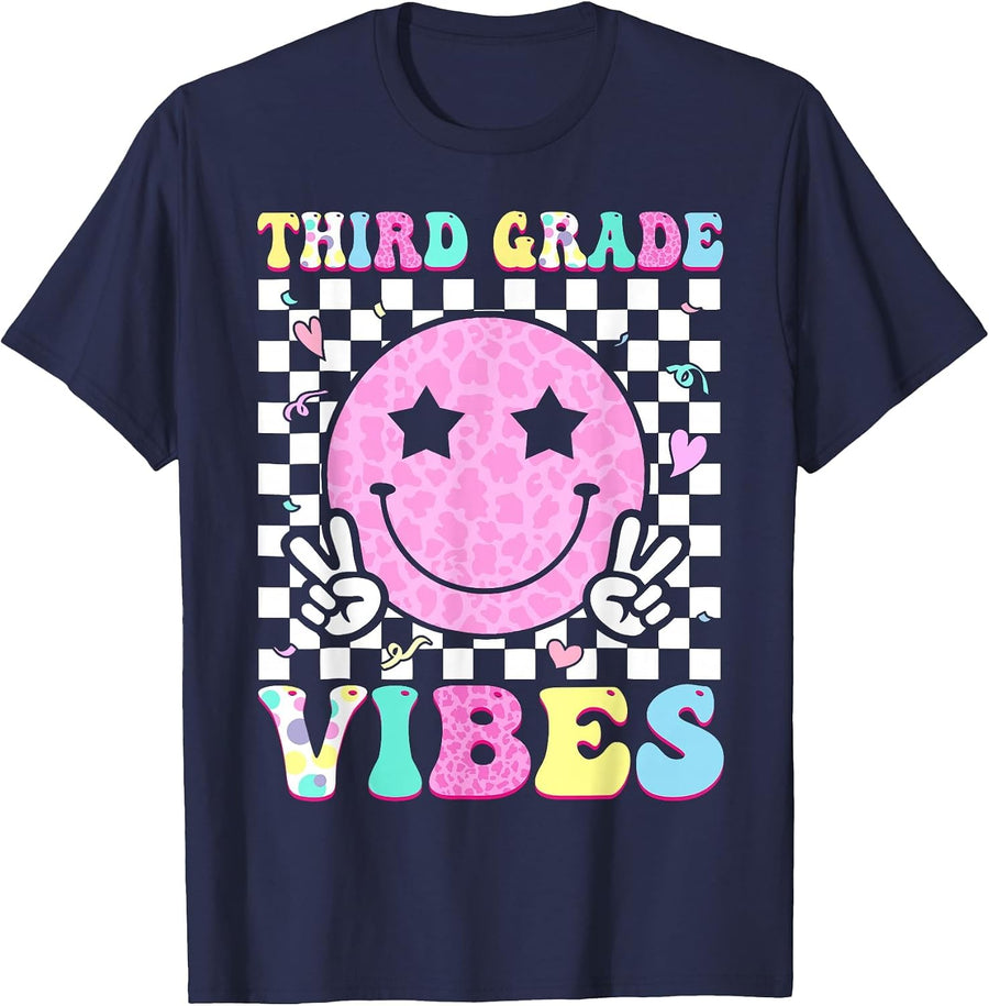 Third Grade Vibes Groovy Back to School 3rd Grade Girls Kids T-Shirt - Navy Blue