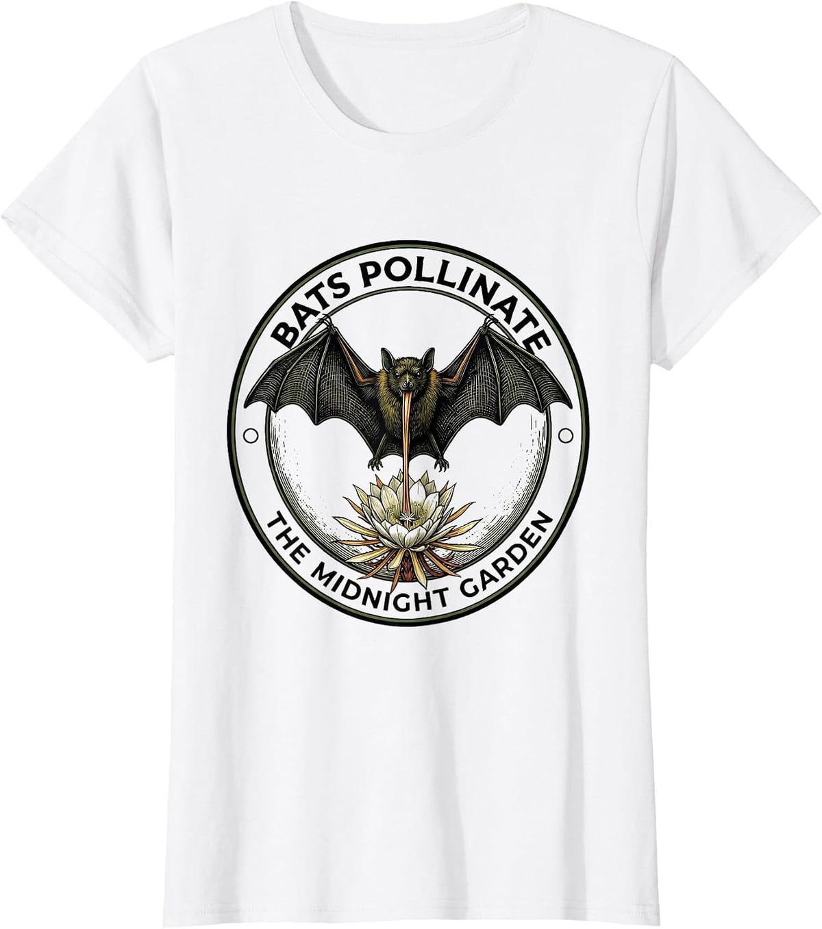 Women's Bats Pollinate The Midnight Garden Vintage Bat Lover T-Shirt - White