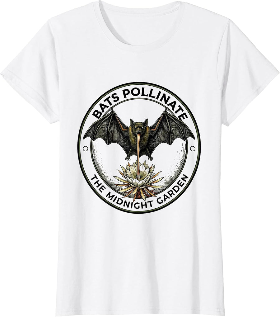 Women's Bats Pollinate The Midnight Garden Vintage Bat Lover T-Shirt - White