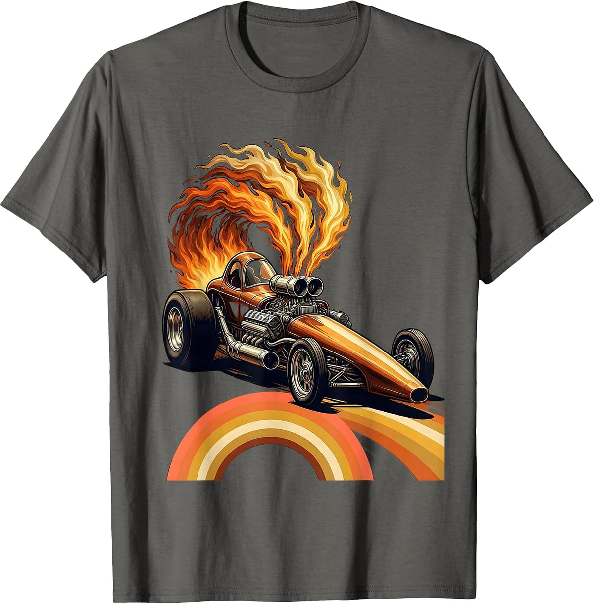 Vintage Dragster Flames Labor Day Racing Graphic T-Shirt - Asphalt Grey