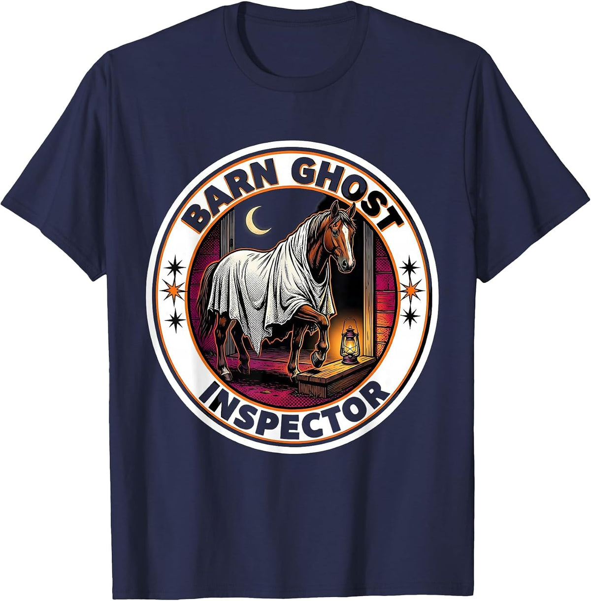 Barn Ghost Inspector Pop Art Halloween Horse Lover Humor T-Shirt - Navy Blue