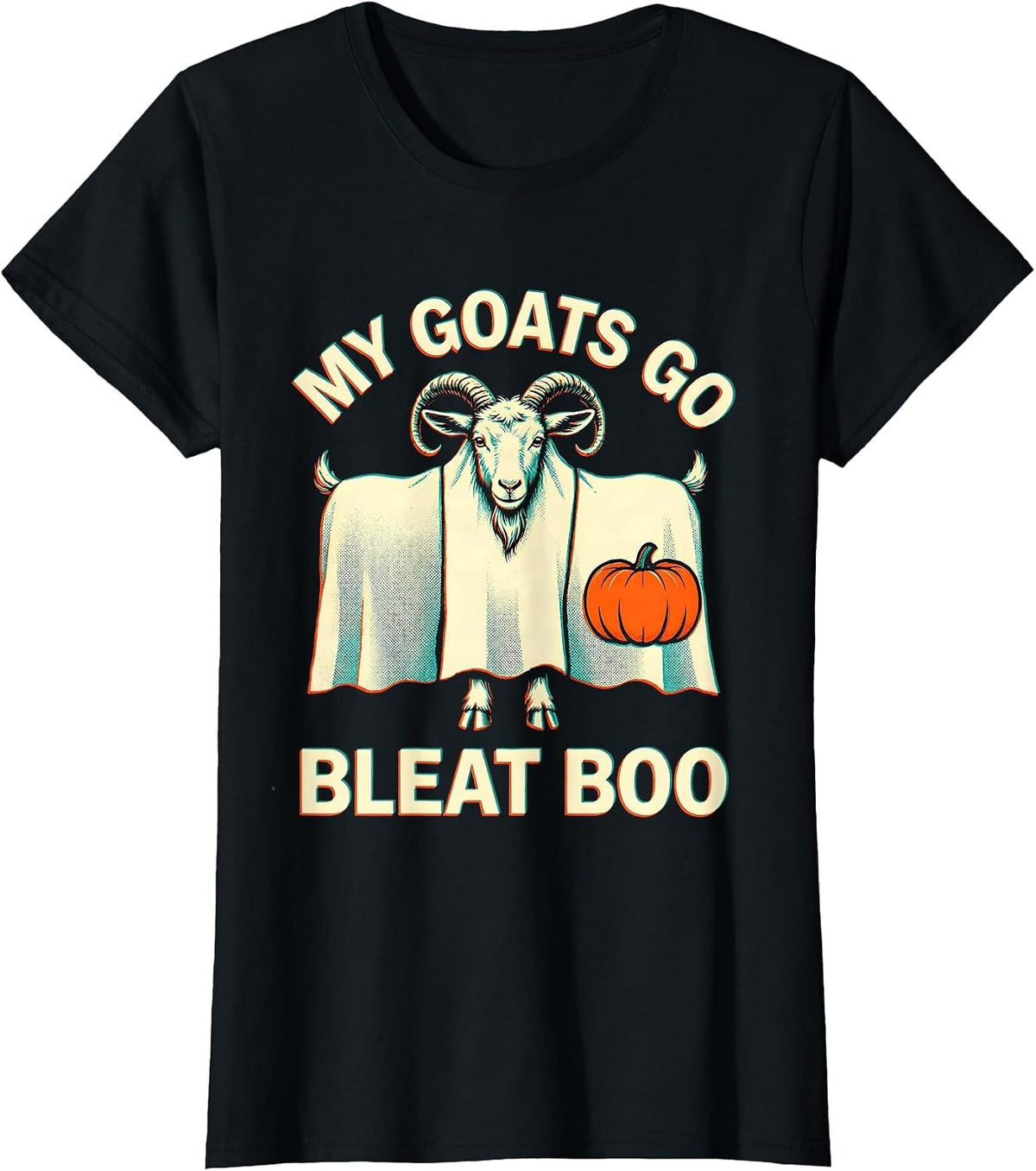 My Goats Go Bleat Boo Risograph Halloween Goat Farmer Funny T-Shirt - Black