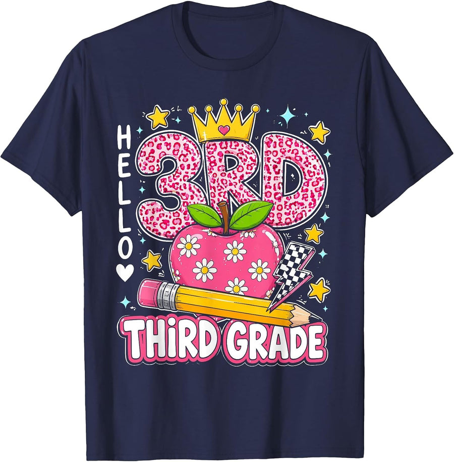 Hello Third Grade Back to School Pink Leopard Teacher Girl T-Shirt - Navy Blue