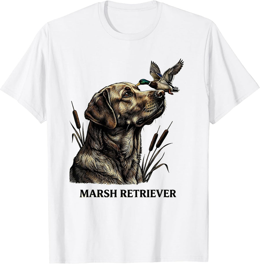 Men's Marsh Retriever Woodcut Engraving Labrador Duck Hunting T-Shirt - White