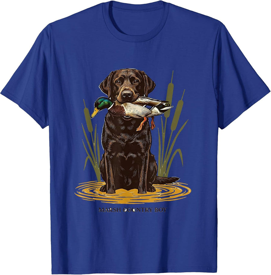 Marsh Country Boy Screenprint Poster Labrador Duck Hunting T-Shirt - Royal Blue