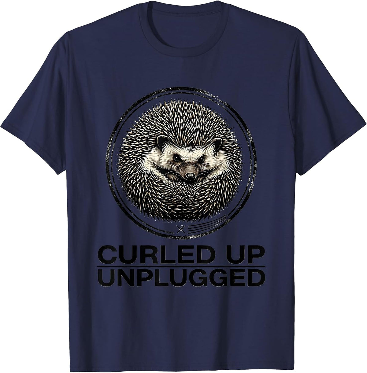 Curled Up, Unplugged Funny Hedgehog Lover Quirky Humor T-Shirt - Navy Blue