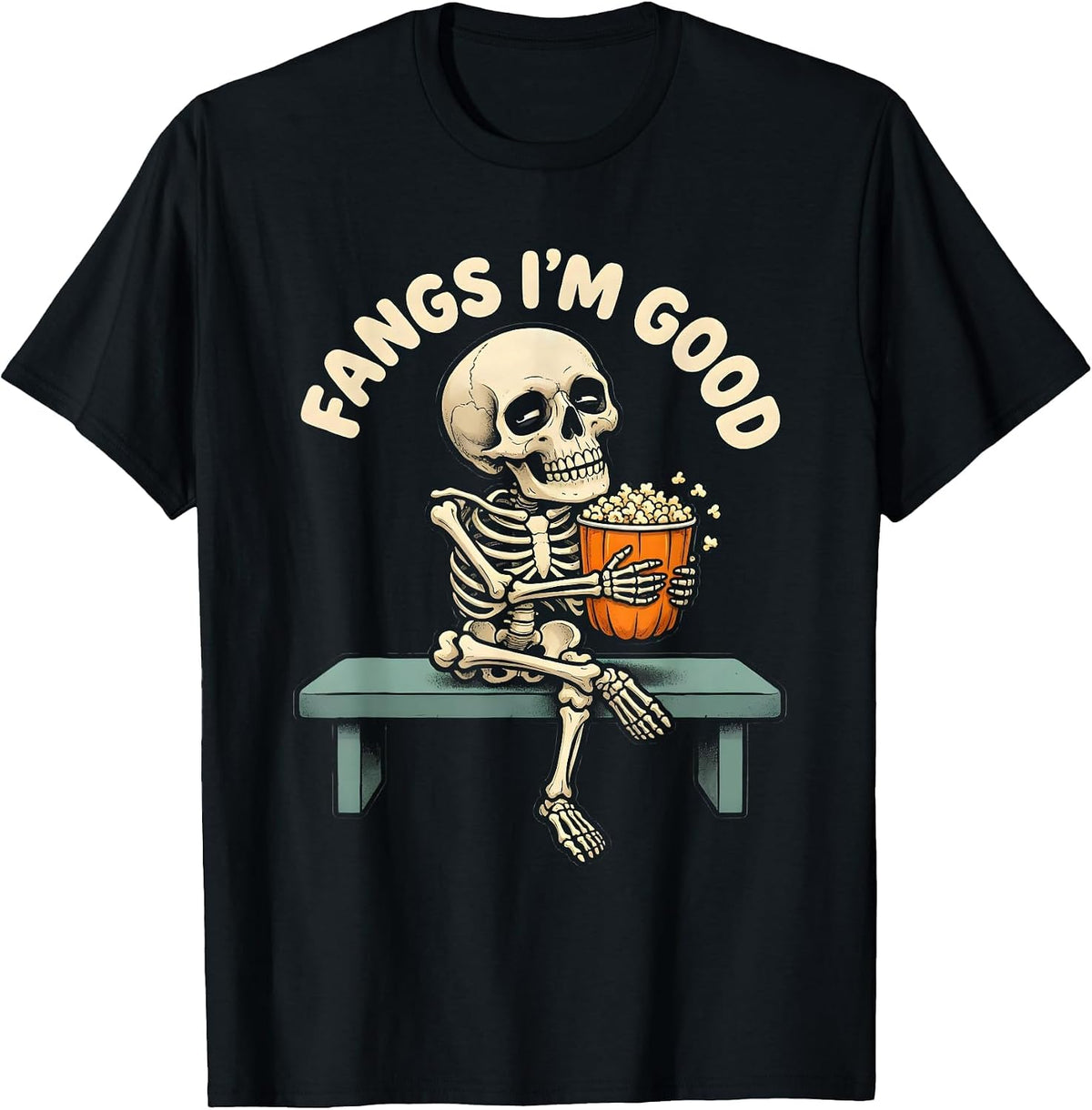 Men's FANGS I'M GOOD Funny Halloween Skull Dry Humor T-Shirt - Black