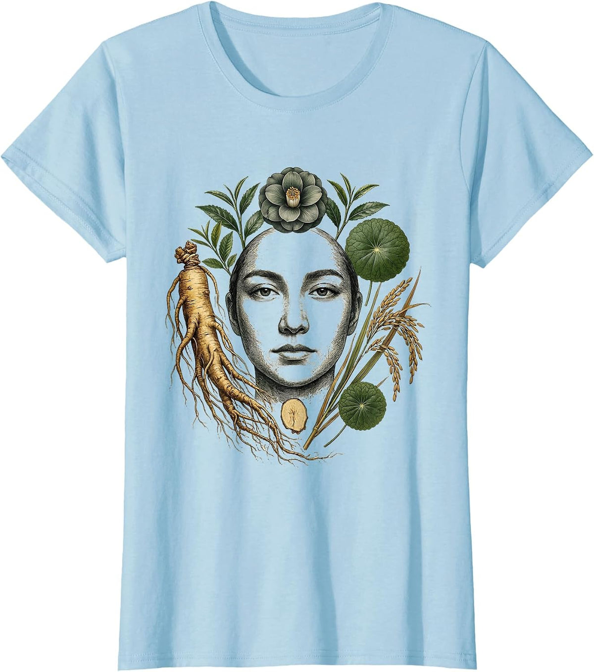 K-Beauty Skincare Herbs Botanical Face Illustration T-Shirt - Baby Blue