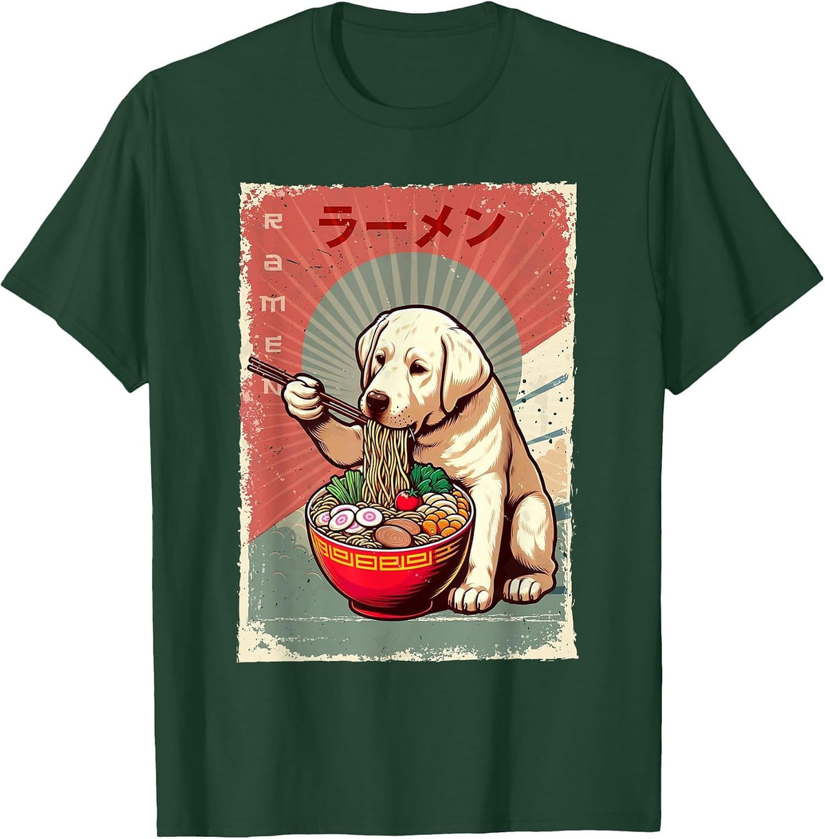 Labrador Dog Eating Ramen Japanese Noodles Soup T-Shirt - Dark Green