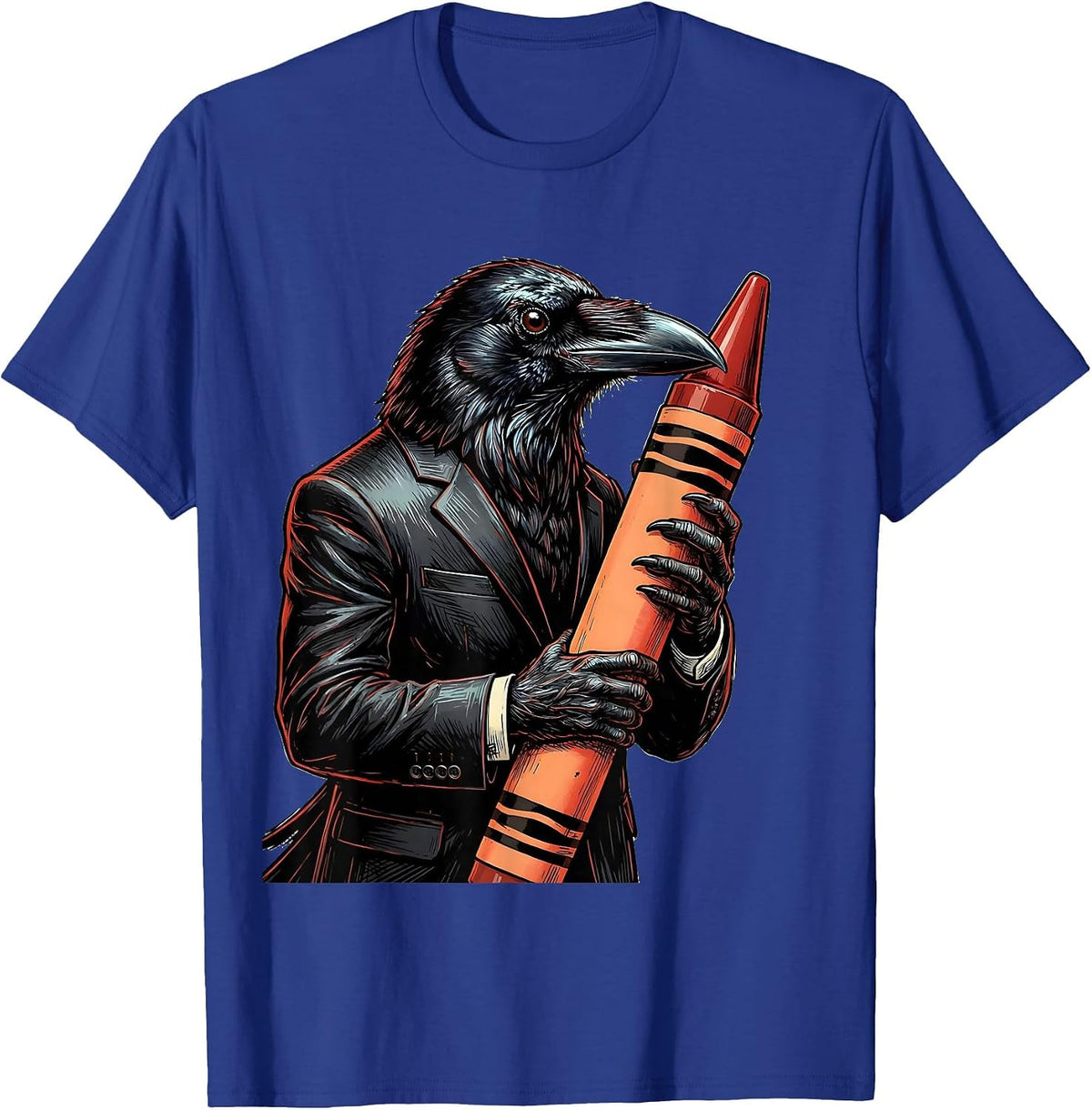 Men's Crow in Suit Holding Crayon Funny Adult Art T-Shirt - Royal Blue