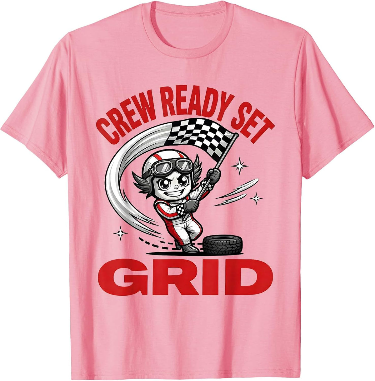 Men's CREW READY SET GRID Cartoon Drag Racer Race Day T-Shirt - Pink