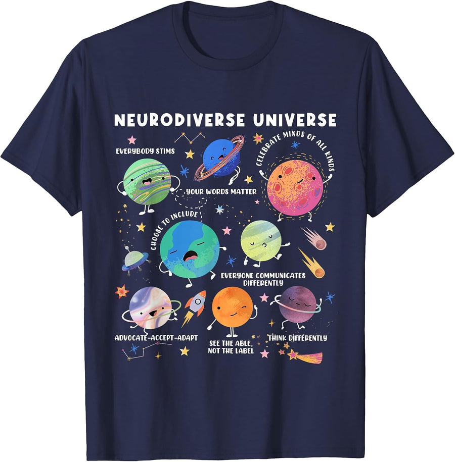 Neurodiverse Universe Space Planet Special Education Teacher T-Shirt - Navy Blue