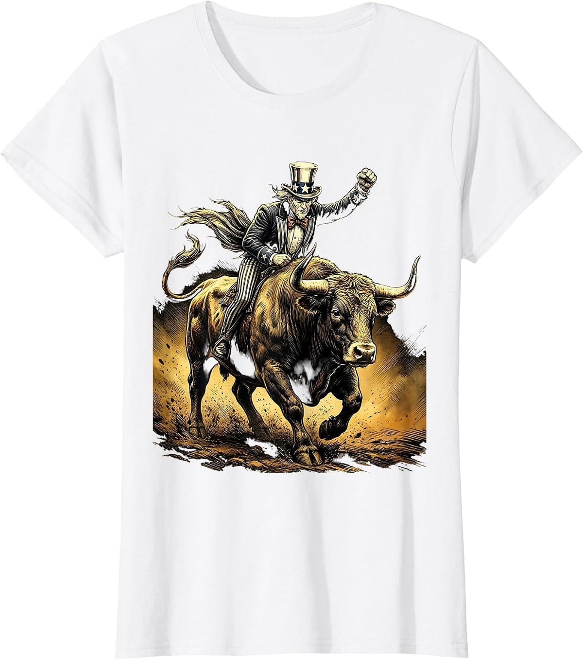 American Flag Charging Bull Patriotic Graphic T-Shirt - White