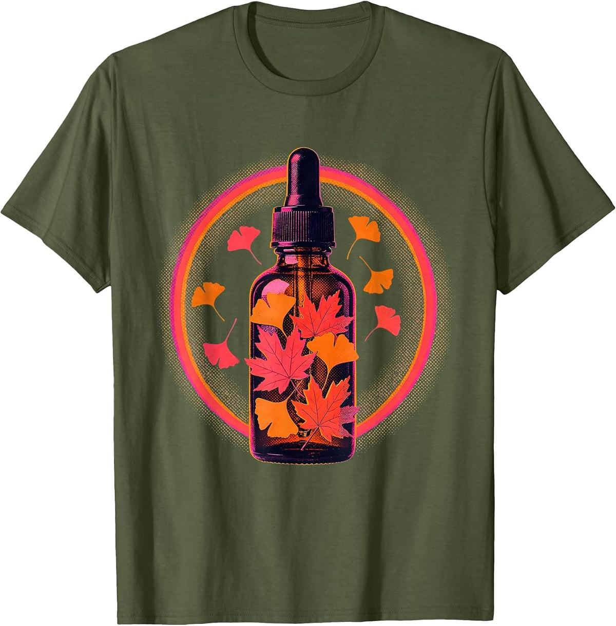 K-Beauty Skincare Serum Falling Leaves Illustration T-Shirt - Olive Green
