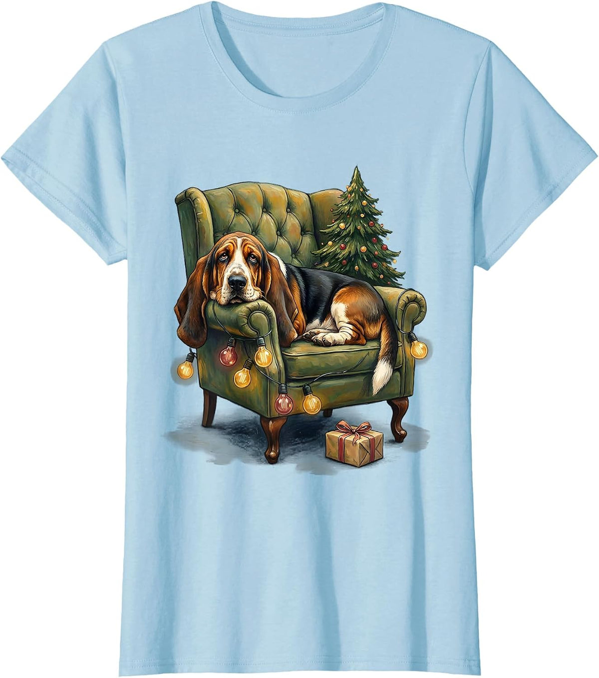 Women's Basset Hound Christmas Lights Storybook Holiday Dog Lover T-Shirt - Baby Blue