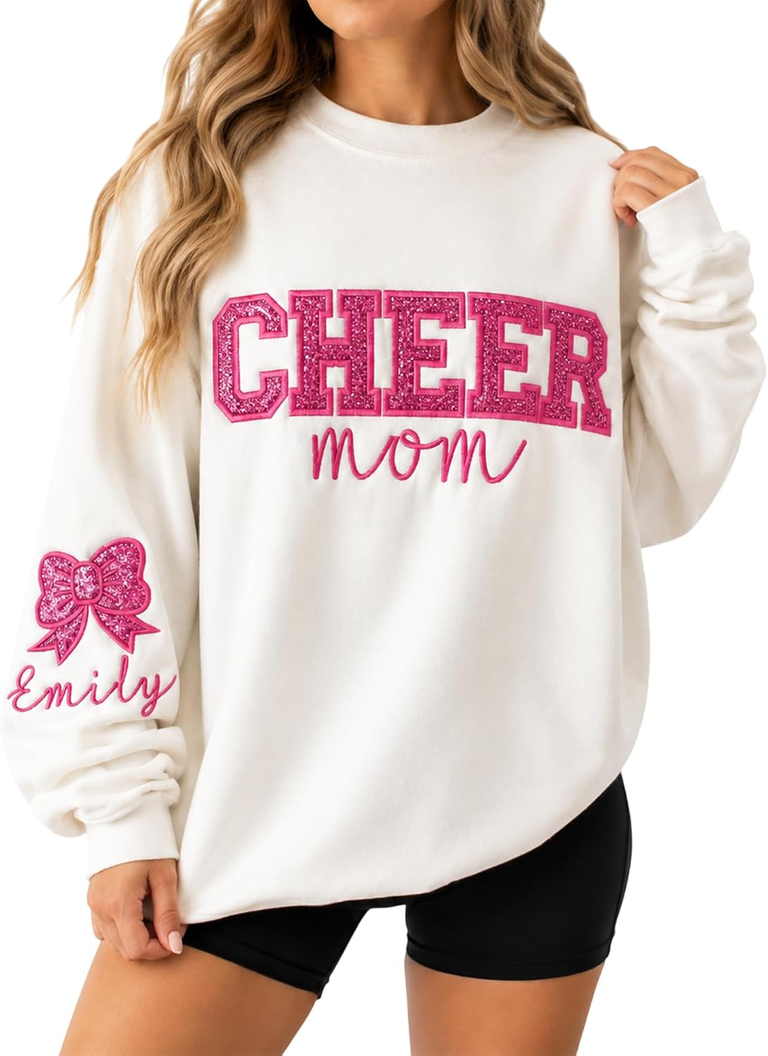 NAZENTI Personalized Custom Cheer Mom Sweatshirt, Glitter Embroidered Crewneck with Sleeve Name - Design 06