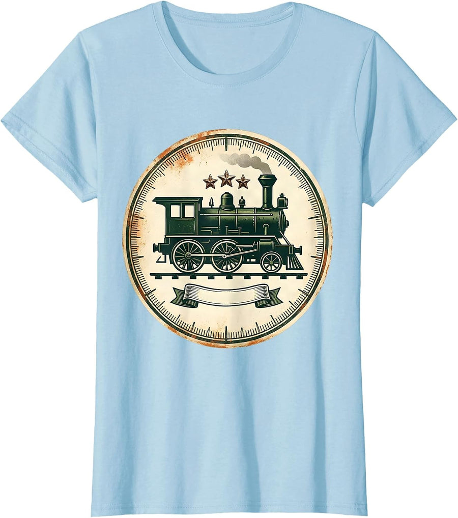Women's Steam Locomotive Badge Vintage Train Enthusiast Gift T-Shirt - Baby Blue