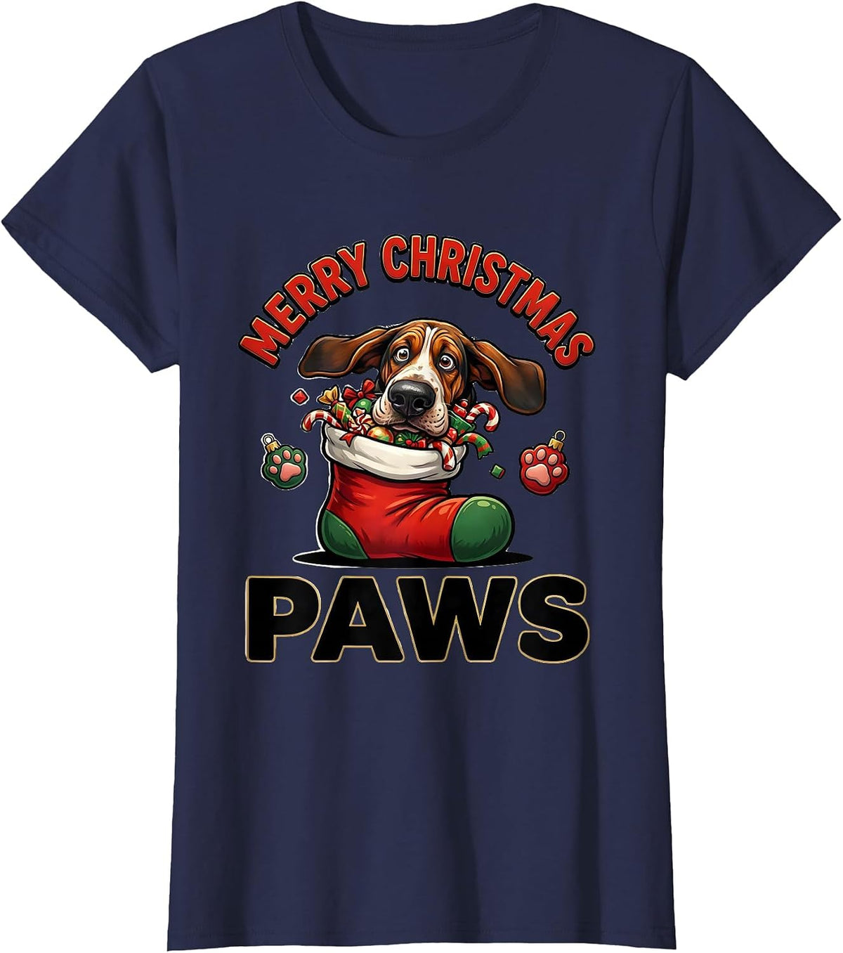 Women's Merry Christmas Paws Cartoon Basset Hound Dog Lover Holiday T-Shirt - Navy Blue
