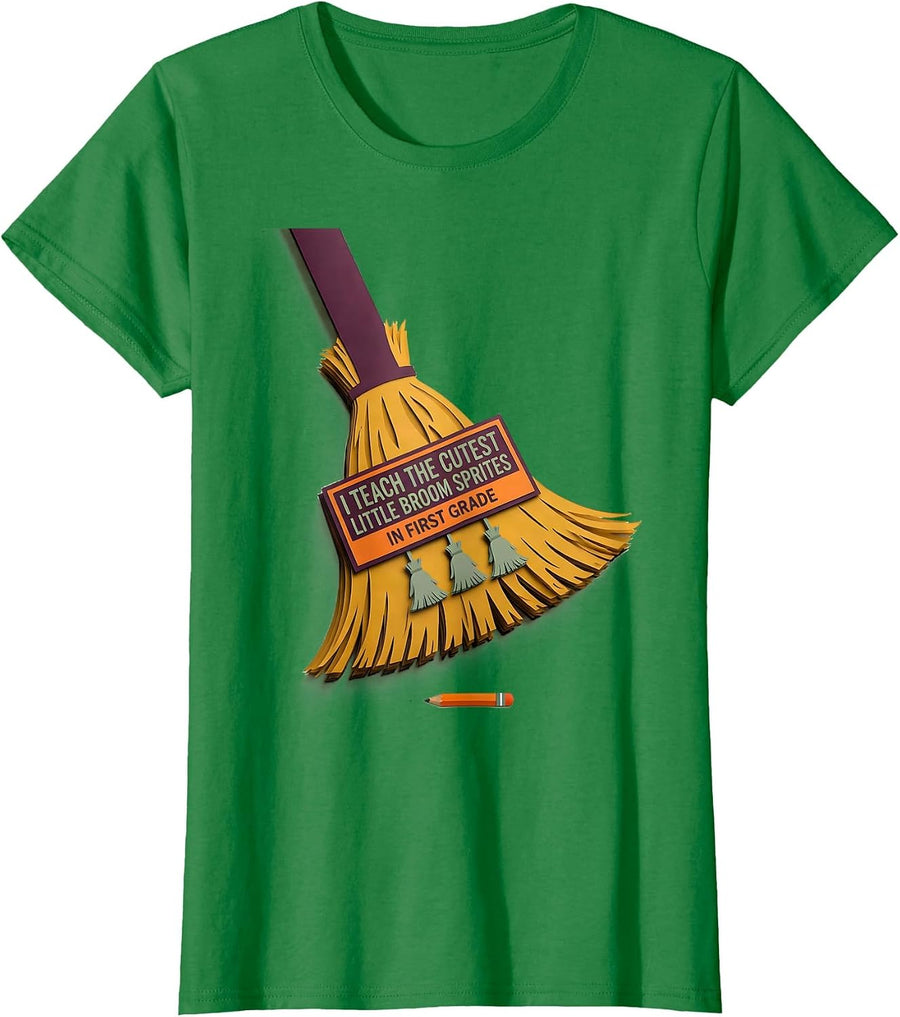 Women's I Teach The Cutest Little Broom Sprites In First Grade T-Shirt - Kelly Green