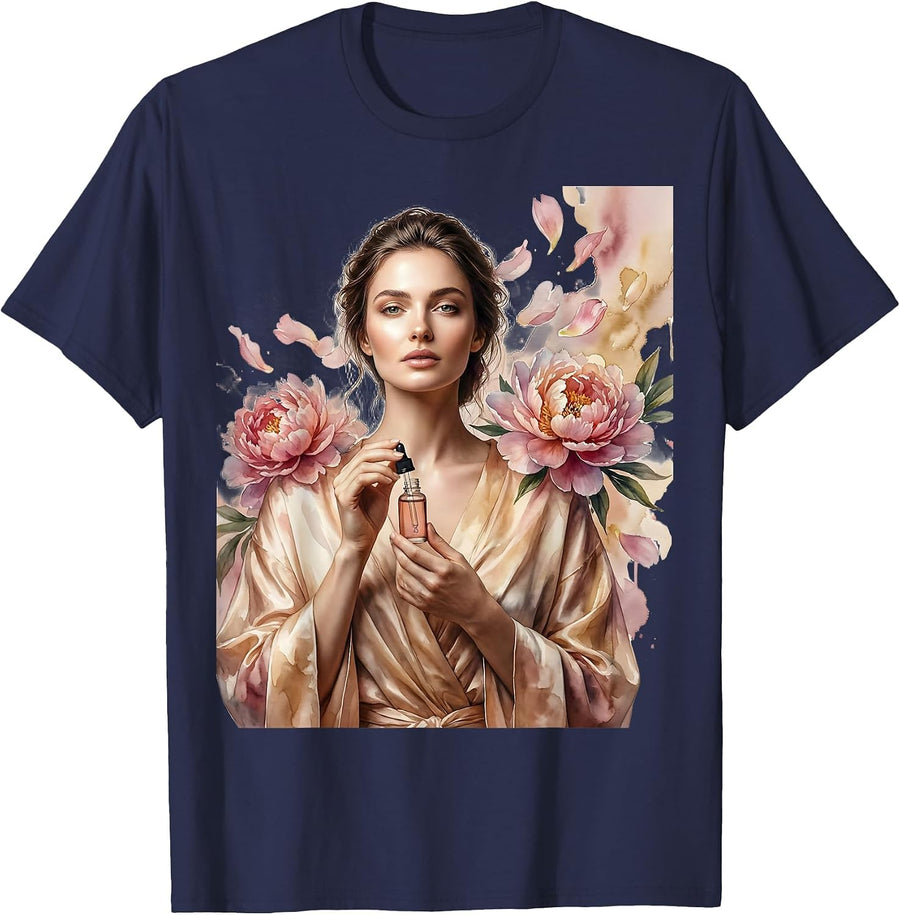 K-Beauty Glow Silk Robe Skincare Illustration T-Shirt - Navy Blue