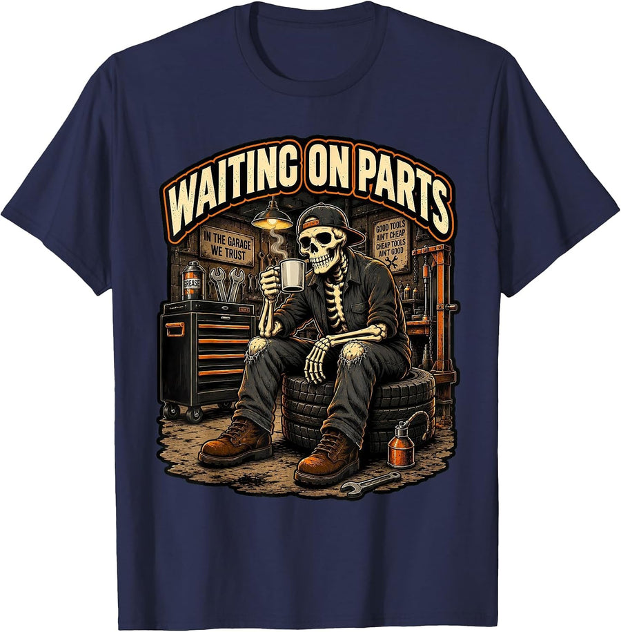 Waiting On Parts Mechanic Skeleton Auto Repair T-Shirt - Navy Blue