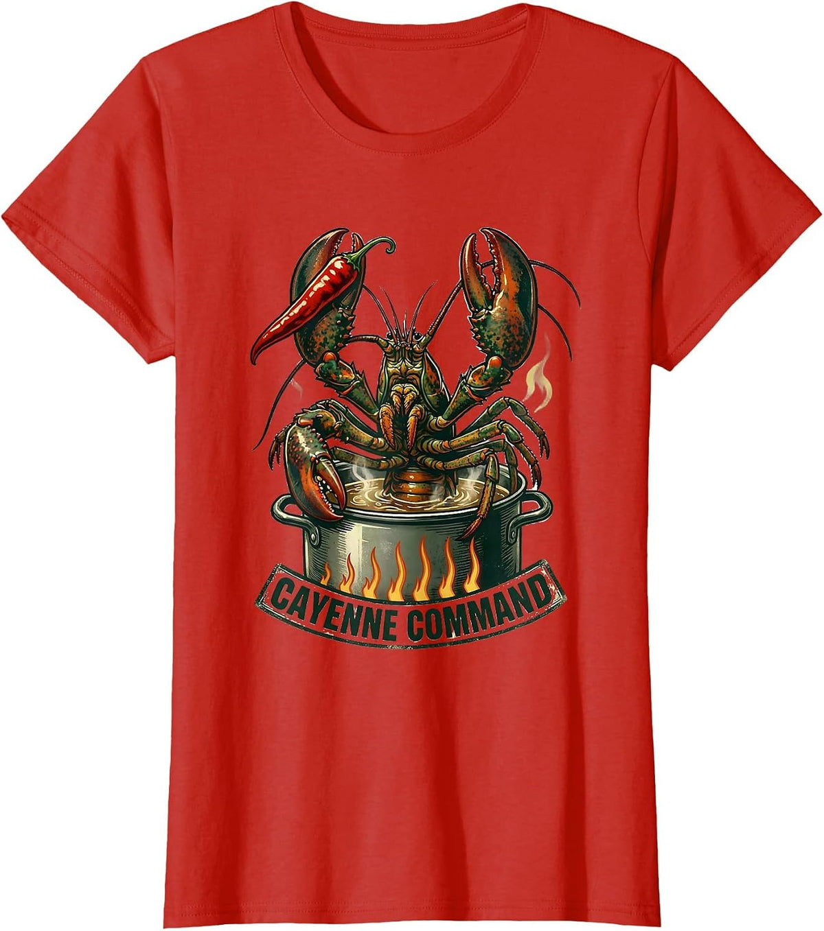 Cayenne Command Vintage Crawfish Mardi Gras Carnival Humor T-Shirt - Red