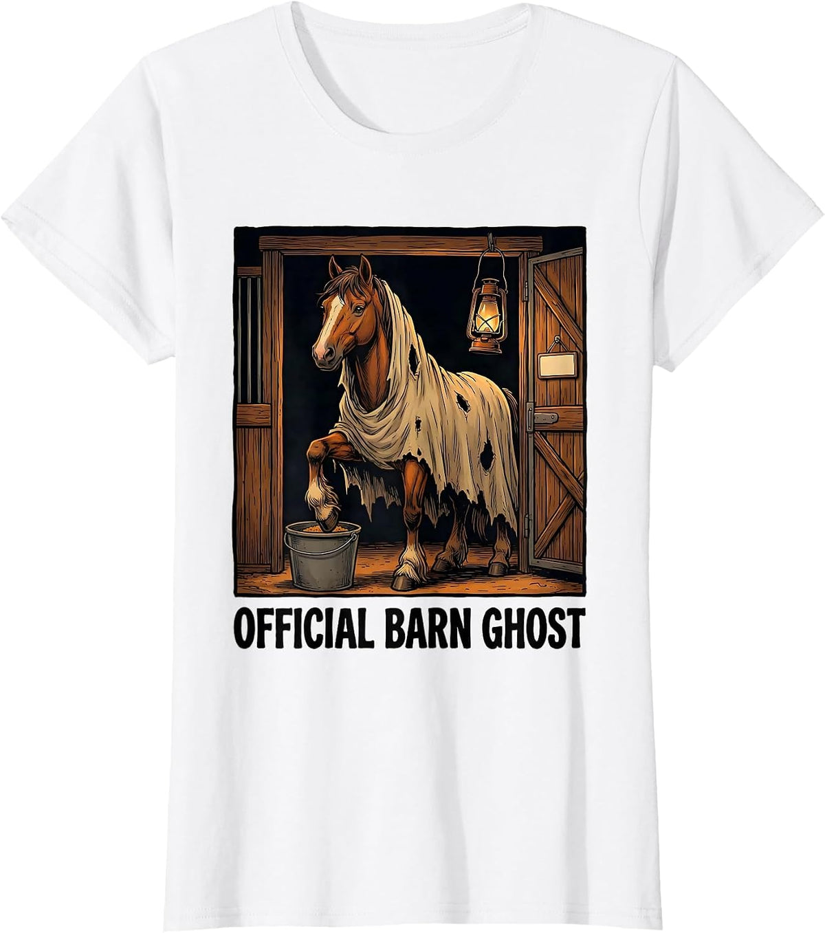 Official Barn Ghost Flat Cartoon Halloween Horse Lover Humor T-Shirt - White