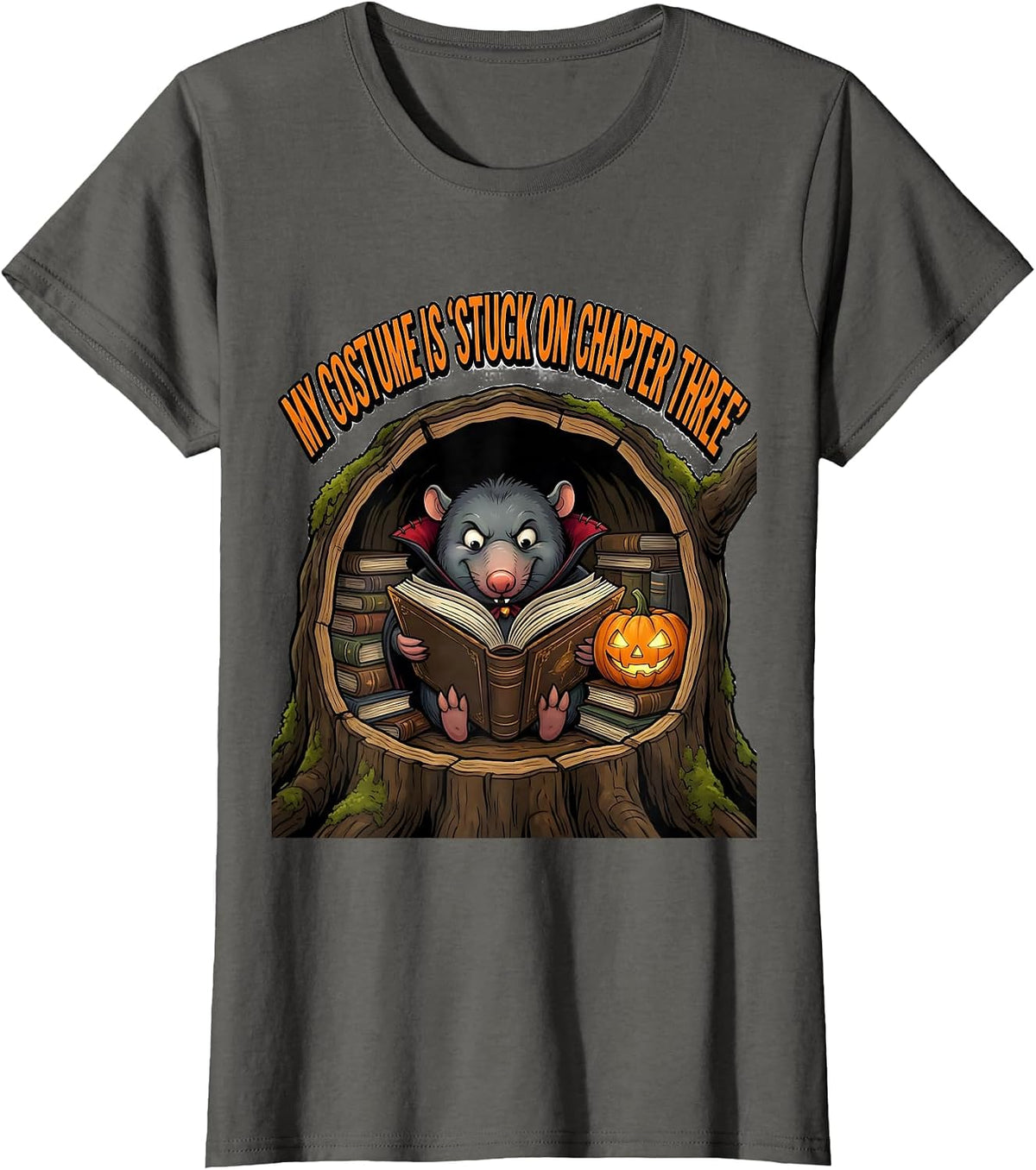 Women's My Costume Is Stuck On Chapter Three Funny Book Lover T-Shirt - Asphalt Grey