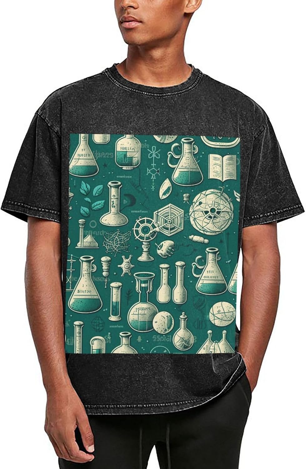 Old Chemistry Laboratory Science Green Mens Vintage Washed Heavyweight Cotton Drop Shoulder Graphic T-Shirt - Black