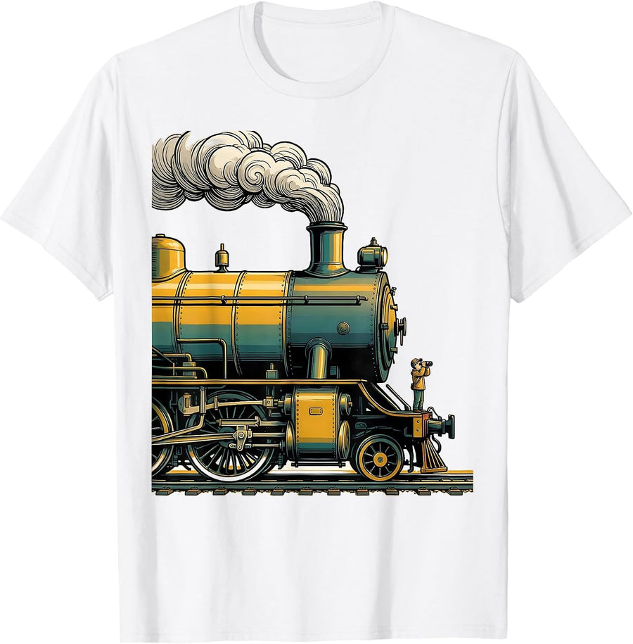 Men's Oversized Steam Locomotive Vintage Train Enthusiast Humor T-Shirt - White